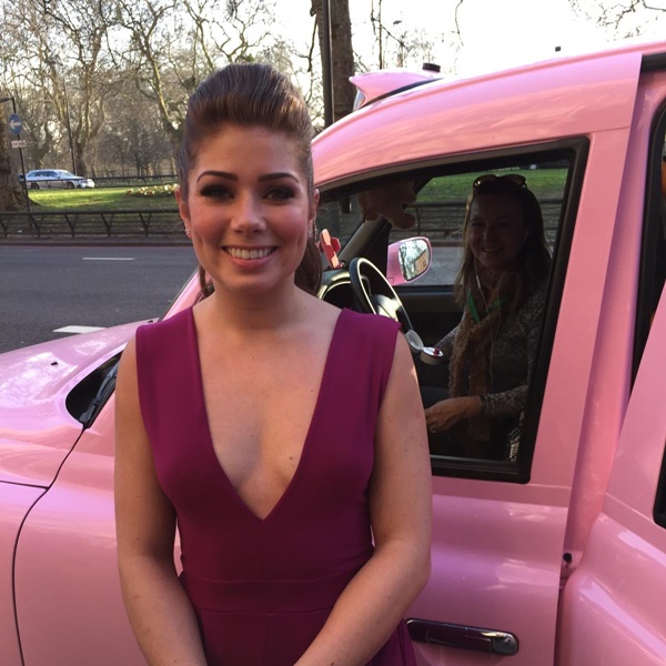 TV soap star in Pink London Taxi