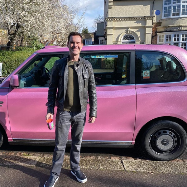 Jimmy Carr in Pink London Taxi