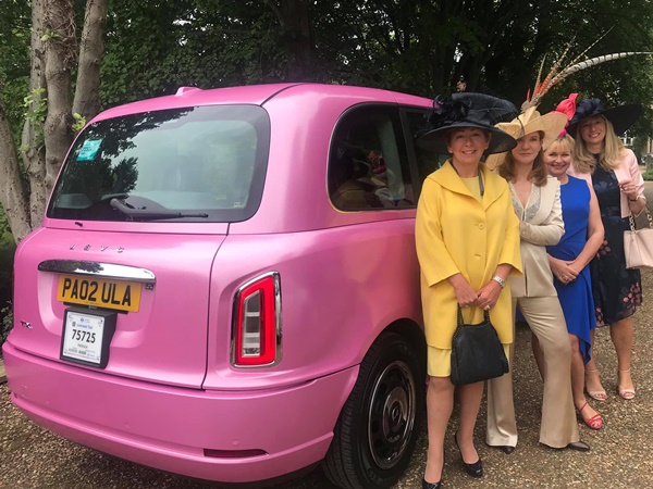 Pink London Taxi on Ascot trip