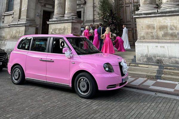 Pink Taxi at Wedding in Knightsbridge