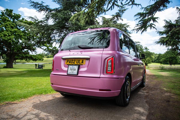 Pink Taxi outside stately home